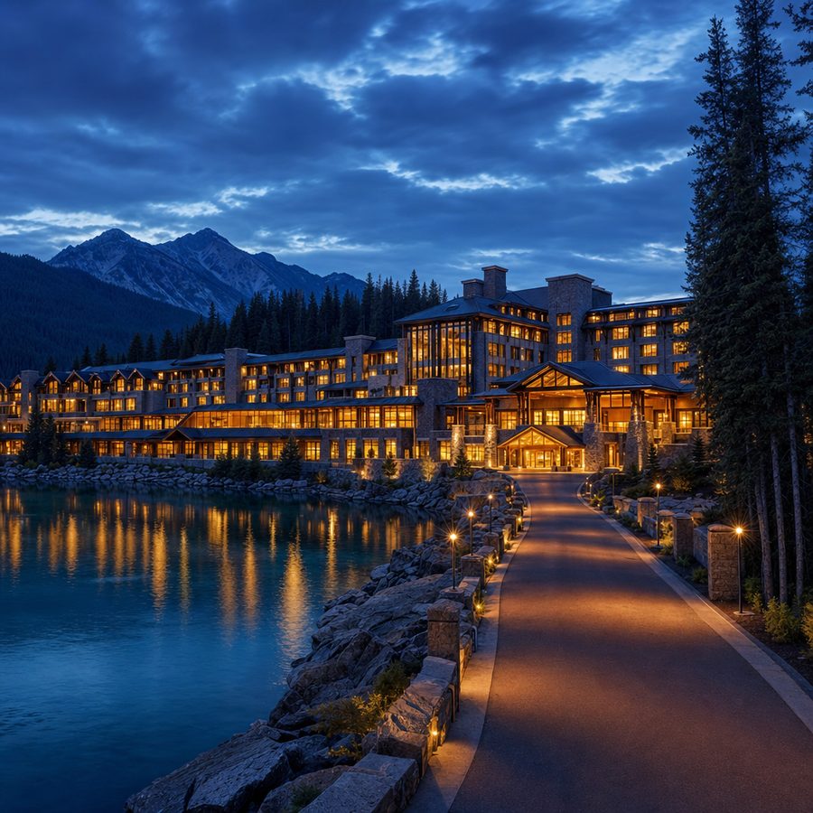 Lakeside casino resort glowing at dusk with pine forest and mountains behind it