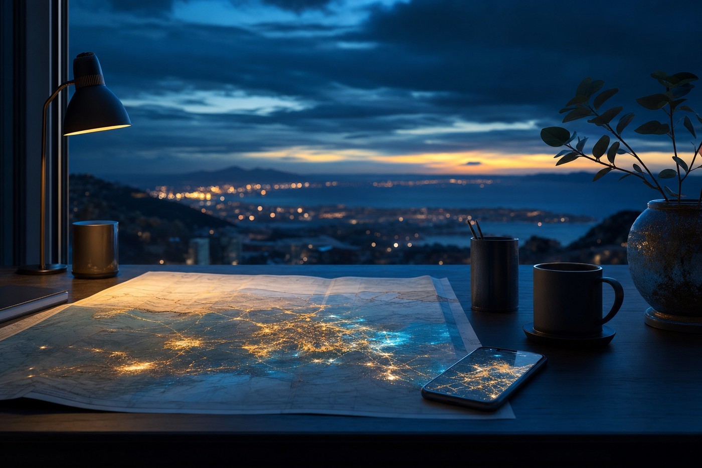 A softly glowing map and phone showing a casino-finder app